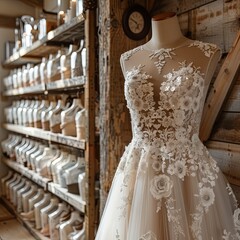 An elegant wedding dress with floral appliques hangs on a mannequin in a rustic wooden room.