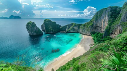 A panoramic view of a remote and unspoiled sandy beach, bordered by lush greenery and towering cliffs, with calm turquoise waters gently lapping against the shore, - obrazy, fototapety, plakaty