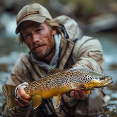 A man holds a large brown trout in his hands. The man is wearing a hat and a jacket. The background is blurred. - obrazy, fototapety, plakaty