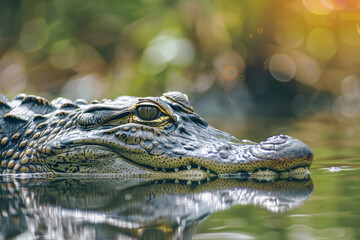 An alligator lurks in the still waters of a swamp.
