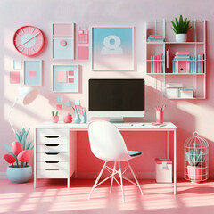 An office featuring a computer, chair, and desk in white with a vibrant pink and blue color scheme that is playful and minimalistic