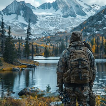 A hunter stands near a lake in the mountains.