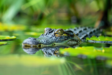 An alligator lurks in the still waters of a swamp.