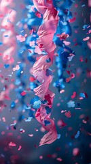 Pink and blue confetti and streamers falling against a blue background.
