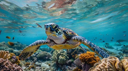 Fototapeta premium An endangered hawksbill sea turtle gracefully glides over a coral reef off Yap Island in Micronesia. Hawksbill turtles are well known for their beautiful shells and distinctive beak-like jaws.