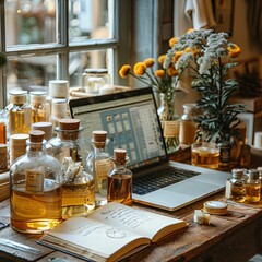 A wooden table with a laptop, a notebook, essential oils, and flowers on it.