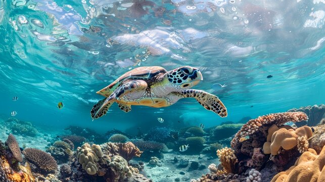 An endangered hawksbill sea turtle gracefully glides over a coral reef off Yap Island in Micronesia. Hawksbill turtles are well known for their beautiful shells and distinctive beak-like jaws.