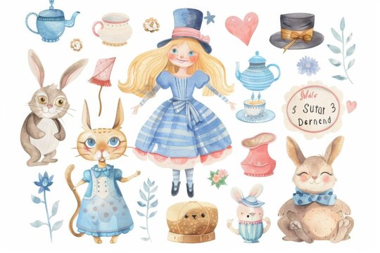 whimsical watercolor illustration of alice in wonderland characters and elements clipart set