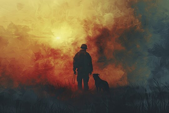 A mystical image of a soldier's spirit animal guiding them home, blending nature and humanity, Memorial Day theme.
