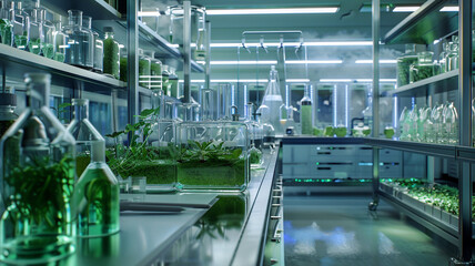 a biotech lab working on sustainable bioenergy solutions, highlighting algae cultivation and biofuel production systems 32k,