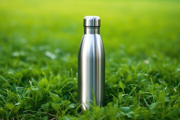 Eco-friendly stainless steel water bottle on fresh green grass, suggesting sustainability and healthy lifestyle. Stainless Steel Water Bottle on Grass