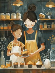 In a charming bakery, a mother and child craft magical cupcakes serenading love on Mother's Day with enchanting illustrations.