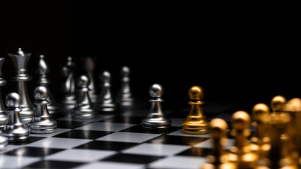 Chessboard perspective, silver versus golden pieces.