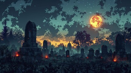 In the dim moonlight, spectral beings honor fallen soldiers amidst glowing tombstones, capturing a somber Memorial Day essence.