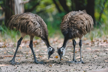 A pair of emus peck at the ground in search of food.