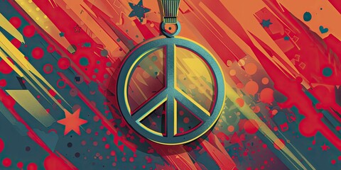 A bold graphic illustration of a Memorial Day medal morphing into a peace symbol, pop art style.