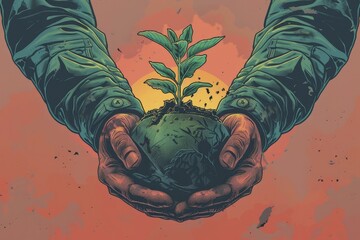 A compelling illustration of a veteran's hands holding a young plant growing from a helmet, life after war, Memorial Day.