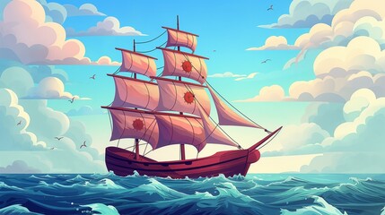 Classic sailcraft featuring timbered deck and fabric sails navigating ocean or sea waves. Cartoon illustration portraying maritime setting with historic boat. Medieval waterborne transport for leisure
