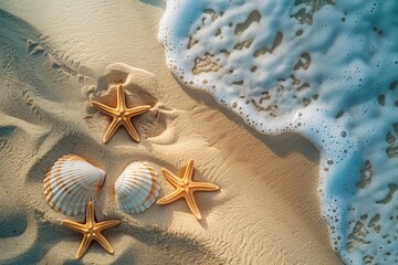 Fototapeta na wymiar shells and starfish on the sand. View from above