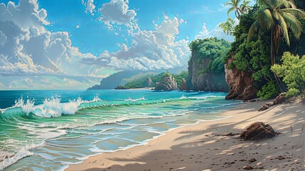 A serene beach scene with gentle waves lapping against the shore of a secluded sandy cove, surrounded by dramatic cliffs and lush tropical vegetation,