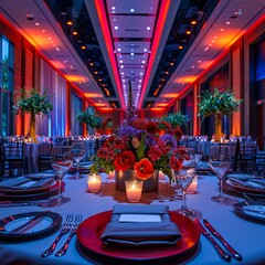 A beautiful wedding reception hall is decorated with red and blue lights. There are round tables with white tablecloths and red napkins. There are also flowers on the tables.