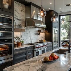 A modern kitchen with dark cabinets, stainless steel appliances, and a large marble island.