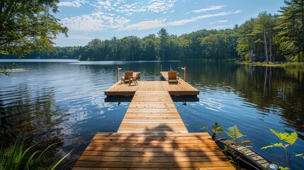 A serene lakeside retreat with wooden docks stretching out into the water, offering a tranquil spot for fishing, boating, or simply enjoying the beauty of nature. - obrazy, fototapety, plakaty