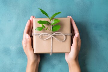 Hands holding an environmentally friendly wrapped gift with a plant decoration on a teal background. Eco-Friendly Gift with Green Plant Decoration