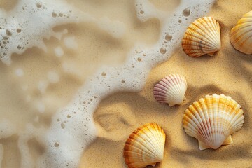 seashells on the sand with sea foam near the shore. View from above