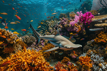 A hammerhead shark glides silently through a coral reef.