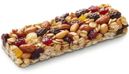 Zelfklevend Fotobehang Split chewy granola bar showcasing wholesome oats, nuts, and sweet dried fruits in close up © Maksym