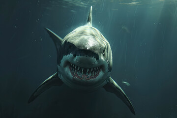 A great white shark patrols the murky depths of the ocean.