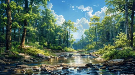 A beautiful painting of a forest with a river running through it. The trees are tall and green, and the water is clear and blue. The sun is shining brightly, and there are white clouds in the sky.