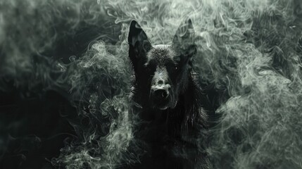 Full Moon Illuminates Ethereal Hellhound in Haunted Landscape - obrazy, fototapety, plakaty