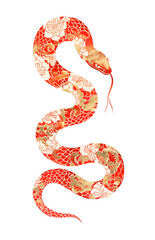  Zodiac Snake sign - symbol of Chinese New Year 2025. Red snake with delicate floral motifs illustration in style of traditional Chinese artwork Isolated element, clipart
