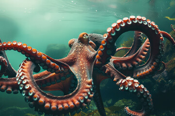 A giant Pacific octopus spreads its tentacles wide.