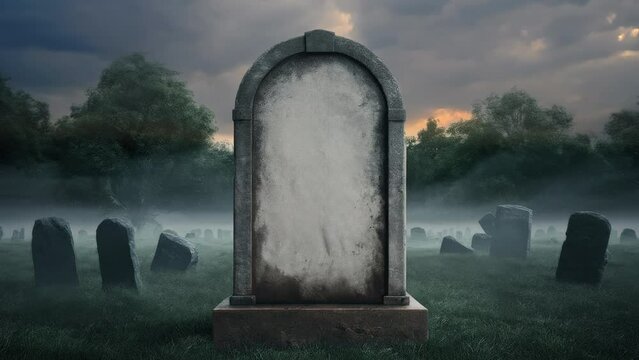 An animated background of a spooky graveyard with a blank headstone.	