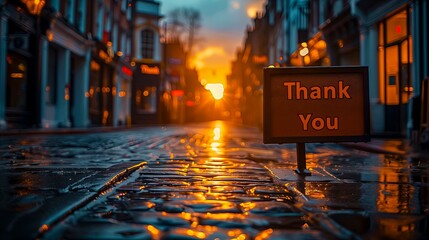 A 'Thank You' sign stands out glistening street at sunset, offering silent but warm gesture thanks