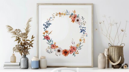 Bohemian-inspired floral wreath artwork with a minimalist color palette for a clean and modern look on white
