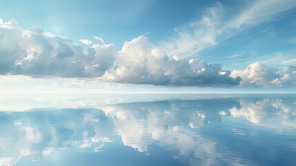 Obraz premium A tranquil seascape with a wide blue sky mirrored in the calm waters below, reflecting the infinite expanse and beauty of the wide ocean.