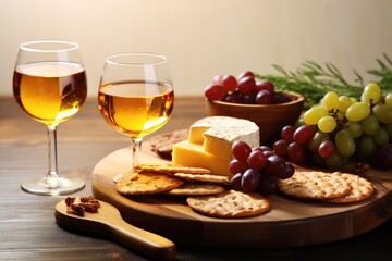 An inviting spread of cheeses, grapes, crackers, and wine glasses for a sophisticated tasting event. Elegant Cheese and Wine Tasting Setup