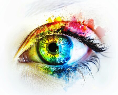 An eye with bright rainbow colors