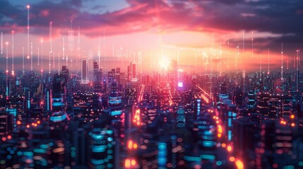 Fototapeta premium A digital painting of a futuristic city at night. The city is full of skyscrapers and bright lights. The sky is a dark blue and there are stars and clouds in the background.