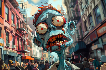 Cartoon Caricature of a Zombie.  Generated Image.  A digital illustration of a cartoon caricature of a zombie in a city.