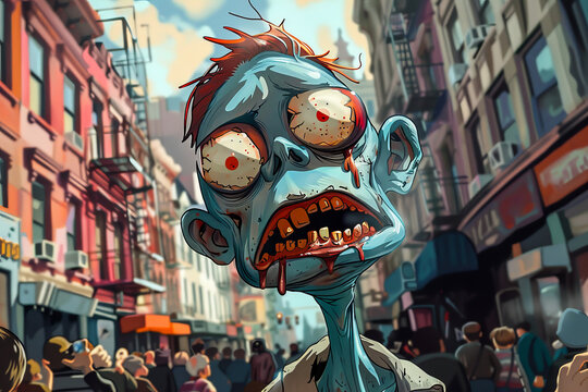 Cartoon Caricature of a Zombie.  Generated Image.  A digital illustration of a cartoon caricature of a zombie in a city.