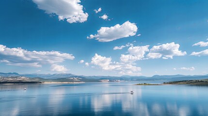Fototapeta premium A wide-angle shot of a massive freshwater reservoir, with boats sailing across the calm waters against a backdrop of distant mountains and blue sky.