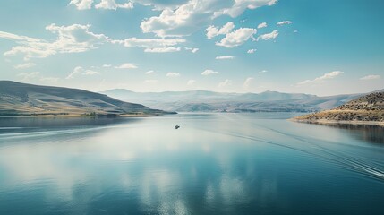 Fototapeta premium A wide-angle shot of a massive freshwater reservoir, with boats sailing across the calm waters against a backdrop of distant mountains and blue sky.