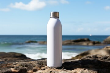 A white reusable water bottle stands on a rocky surface with the ocean horizon in the background, promoting sustainability. Reusable Water Bottle on Rocky Seashore
