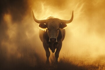  large bull raises dust with its furious running against the backdrop of sunset rays, a symbol of the state of Texas, bullfighting
- 795325599