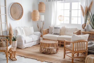 Boho coastal chic living room with rattan furniture and beach-inspired accents